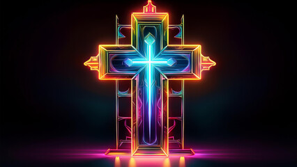 Wall Mural - A neon cross in a cyberpunk atmosphere on a dark background exposing the cross. 4K illustration