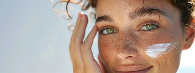 Woman face with ponytail, green eyes, applying cream on face with one hand. She is smiling and the sunlight in the afternoon is doing her daily routine on white background.