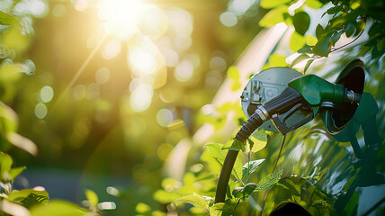 Wall Mural - Refueling a car, a fuel injector in sunlight among the leaves of greenery, a background image for biofuel energy