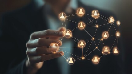 Poster - person connecting a network of digital profiles in a modern office setting during the evening