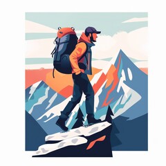 Wall Mural - Man outdoor activity backpack and trekking hiking with mountain emblem design vector illustration on white background