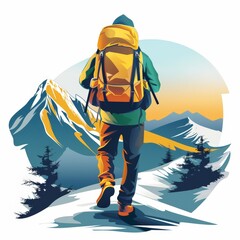 Wall Mural - Man outdoor activity backpack and trekking hiking with mountain emblem design vector illustration on white background