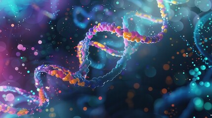 Poster - 3D vibrant, abstract representation of a DNA double helix, with colorful strands against a backdrop of glowing particles.
