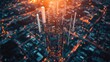 © Theeranan - A close-up view of a 5G cellular network tower, with multiple antennas transmitting signals over a sprawling urban environment.