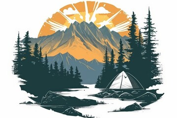 Wall Mural - Abstract Mountain camp hiking evergreen pine forest and river scene vintage badge logo vector illustration on white background