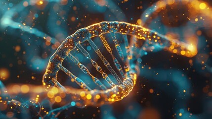 Poster - 3D glowing, abstract representation of a DNA double helix with a blue and orange color scheme.