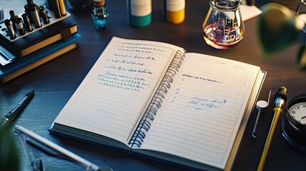 Poster - A detailed lab notebook open to pages full of scientific data, with research equipment around, ideal for illustrating the scientific process.