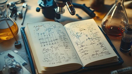 Poster - A detailed lab notebook open to pages full of scientific data, with research equipment around, ideal for illustrating the scientific process.