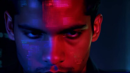 Poster - Young man focuses on computer screen while coding in a dark setting at night