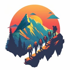 Wall Mural - Mountain outdoor nature wild adventure travel journey summer hot season hiking trekking group of people emblem design vector illustration on white background