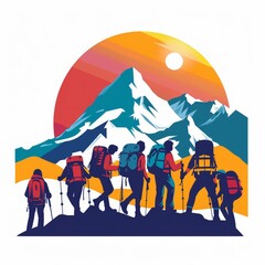 Wall Mural - Mountain outdoor nature wild adventure travel journey summer hot season hiking trekking group of people emblem design vector illustration on white background