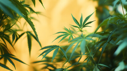 Marijuana plant in garden with space for text