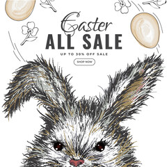 Wall Mural - easter sale poster design with cute bunny face character, eggs and flowers on png background.