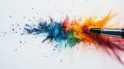 A professional airbrush tool releasing a burst of colorful powder, creating a dynamic, artistic explosion on a white canvas.