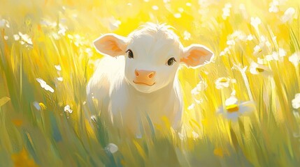 Poster - A white calf stands in a field of yellow flowers, looking at the camera with a cute expression.