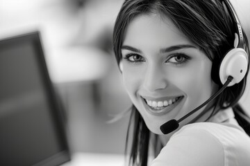 A woman in a call center, equipped with a headset, engaged in a conversation, assisting customers with their inquiries, AI generated