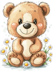 Poster - Cute cartoon teddy bear with big brown eyes and a smile sitting among daisies on a white background.