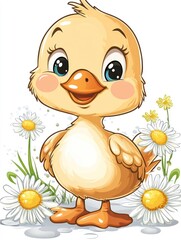 Poster - A cute cartoon baby duckling with big blue eyes and a happy expression, standing amidst daisies with yellow centers, against a white background.