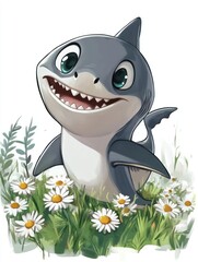 Poster - A cute cartoon shark with a toothy grin, surrounded by daisies in a field of grass.