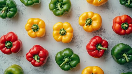 Top view of fresh bell peppers arranged in a pattern on a light surface, leaving plenty of space for text.