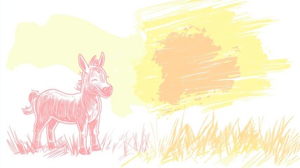 Wall Mural - Pink donkey standing in a field of tall grass with a yellow, orange, and white watercolor background.