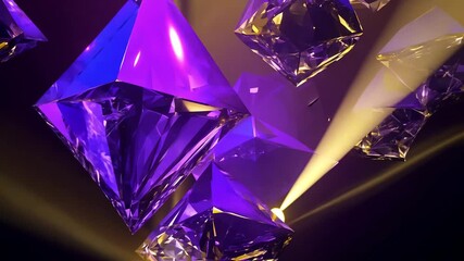 Poster - Purple and gold abstract design with crystal shapes floating in a dynamic space