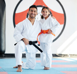 child, teacher or portrait in karate dojo for training, fighting exercise or martial arts education.