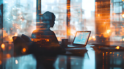  Silhouette of an IT professional working on his laptop in the office,