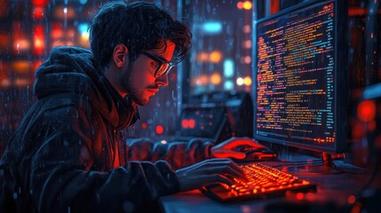 Poster - Focused Programmer in Neon City