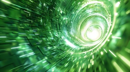 Poster - An abstract visual depiction of a captivating green light tunnel, representing the flow of data and connectivity