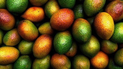 Wall Mural - Closeup of a pile of ripe green and orange avocados.