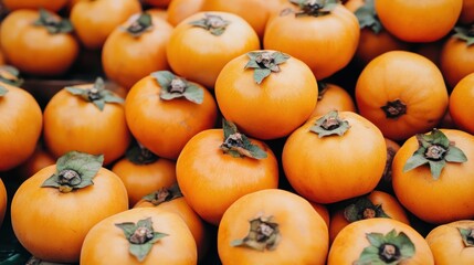 Wall Mural - Close-up of ripe orange persimmons with green leaves on top, piled high in a market stall.