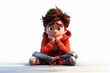 © Art of Ngu - Sad stressed upset cartoon character boy kid child young male person sitting on floor wearing red hoodie in 3d style design on light background. Human people feelings expression concept