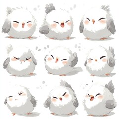 Sticker - Nine cute fluffy cartoon birds in various expressions and poses on a white background.