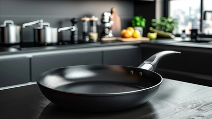 Wall Mural - Frying pan for cooking on the kitchen counter of a modern kitchen