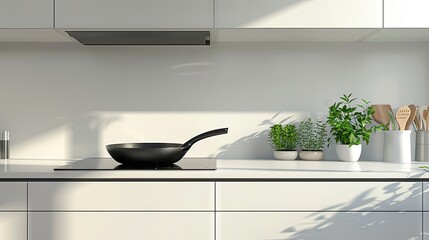 Wall Mural - Frying pan for cooking on the kitchen counter of a modern kitchen