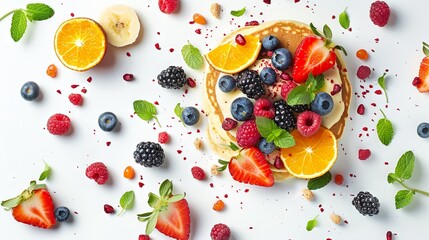 Wall Mural - Pancakes with berries and fruits on a white isolated background