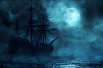 Creepy halloween background of old ghost ship sailing on a stormy ocean at night under a full moon