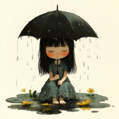 Sticker - Little Girl Under Umbrella in the Rain