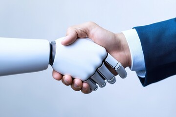 A human hand shaking a robotic hand, symbolizing collaboration between technology and humanity in a modern business setting.