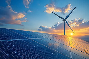 Wall Mural - a wind turbine and solar panels near the sky, near sunset