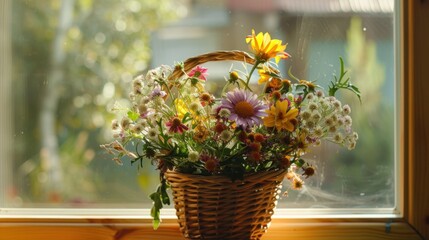 Wall Mural - Basket of Flowers by Window