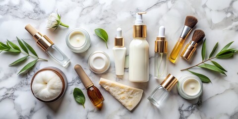 delicate beauty skincare products, including creams, serums, and brushes, artfully arranged in a ele