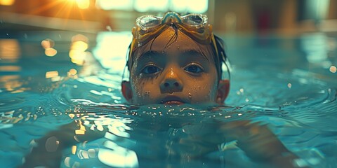 Wall Mural - young boy swimming in indoor pool