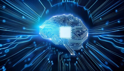 Poster - intricate circuit board with illuminated brain symbol representing artificial intelligence technolog