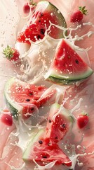 Wall Mural - Watermelon and strawberries splashing in creamy milk.