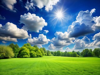 Wall Mural - Vibrant blue sky with puffy white clouds serves as a stunning backdrop for a meticulously manicured lush green lawn on a warm sunny spring day.