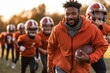 © Nena Photo - A football coach energetically leading a group of young athletes in practice on a field during an autumn day, emphasizing teamwork, discipline, and skill development.