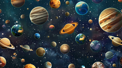 Background design with many planets in space illustration. Space icon set and astronaut