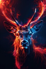 Sticker - A close-up portrait of a deer with red and blue flames surrounding its antlers.